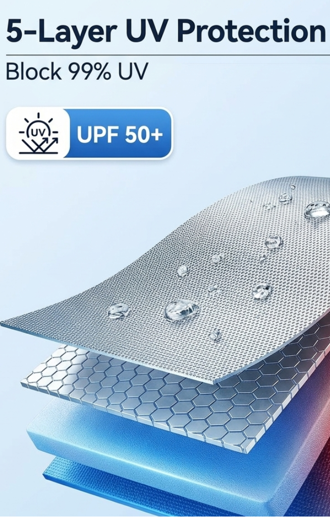 Promotional graphic for a 5-layer UV protection coating, showing a layered metallic silver surface with water droplets and blue/orange glow effects, with text reading '5-Layer UV Protection Coating', 'Block 99% UV', and 'UPF 50+'.
